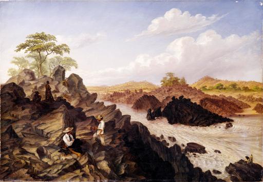“Shibadda, or two channel rapid, above the Kebrabasa, Zambesi River”, T Baines, January 1859, oil on canvas, © Royal Geographical Society, Baines 24. Surveying the Kebrabasa rapids on the Zambezi, which finally put paid to hopes.